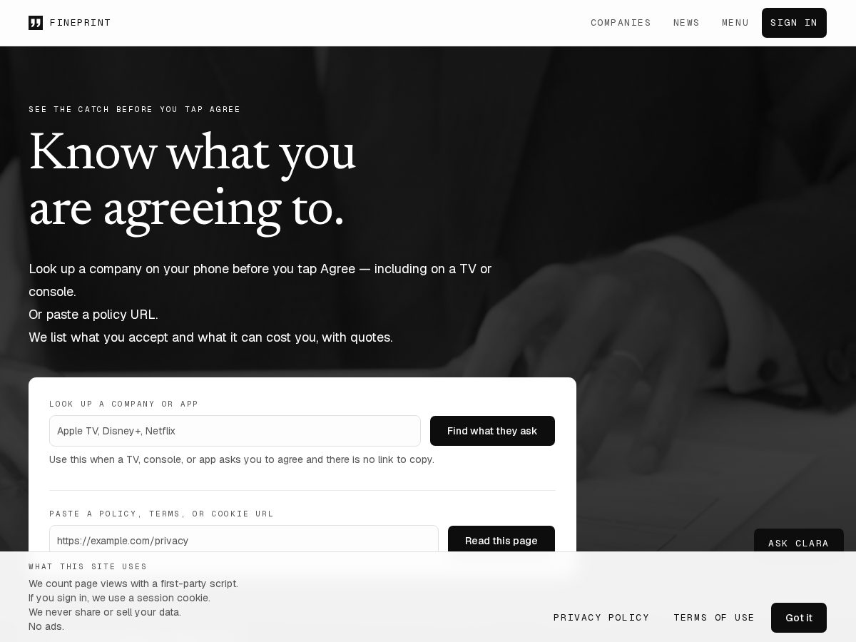 Landing-page snapshot of seethefineprint.com