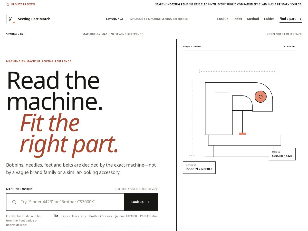 Landing-page snapshot of sewingpartmatch.com
