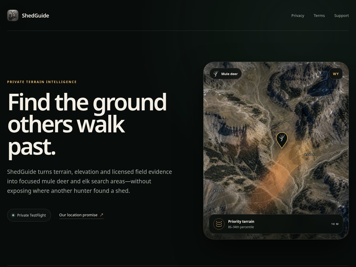 Landing-page snapshot of shedguide.app