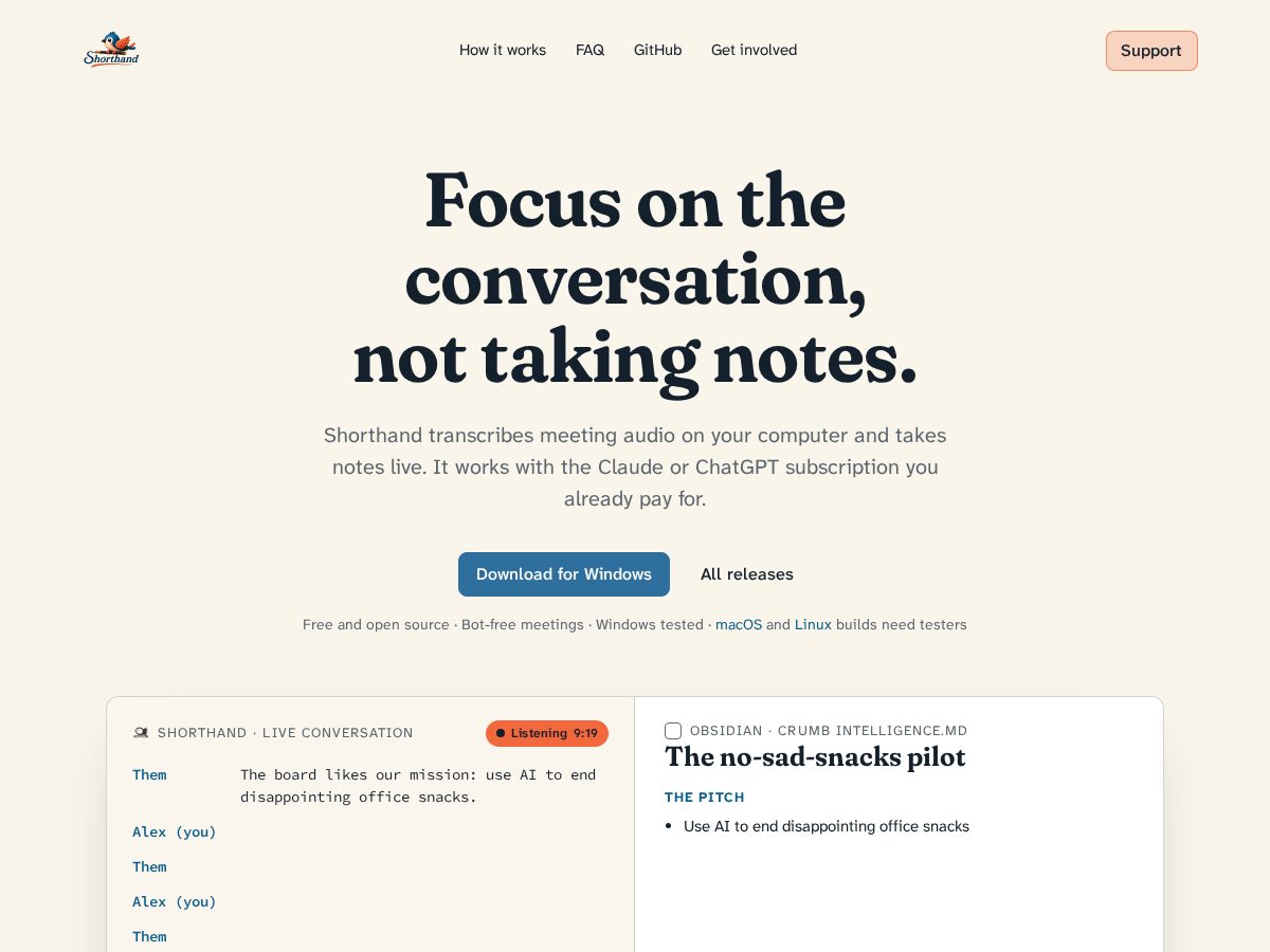 Landing-page snapshot of shorthand.ing