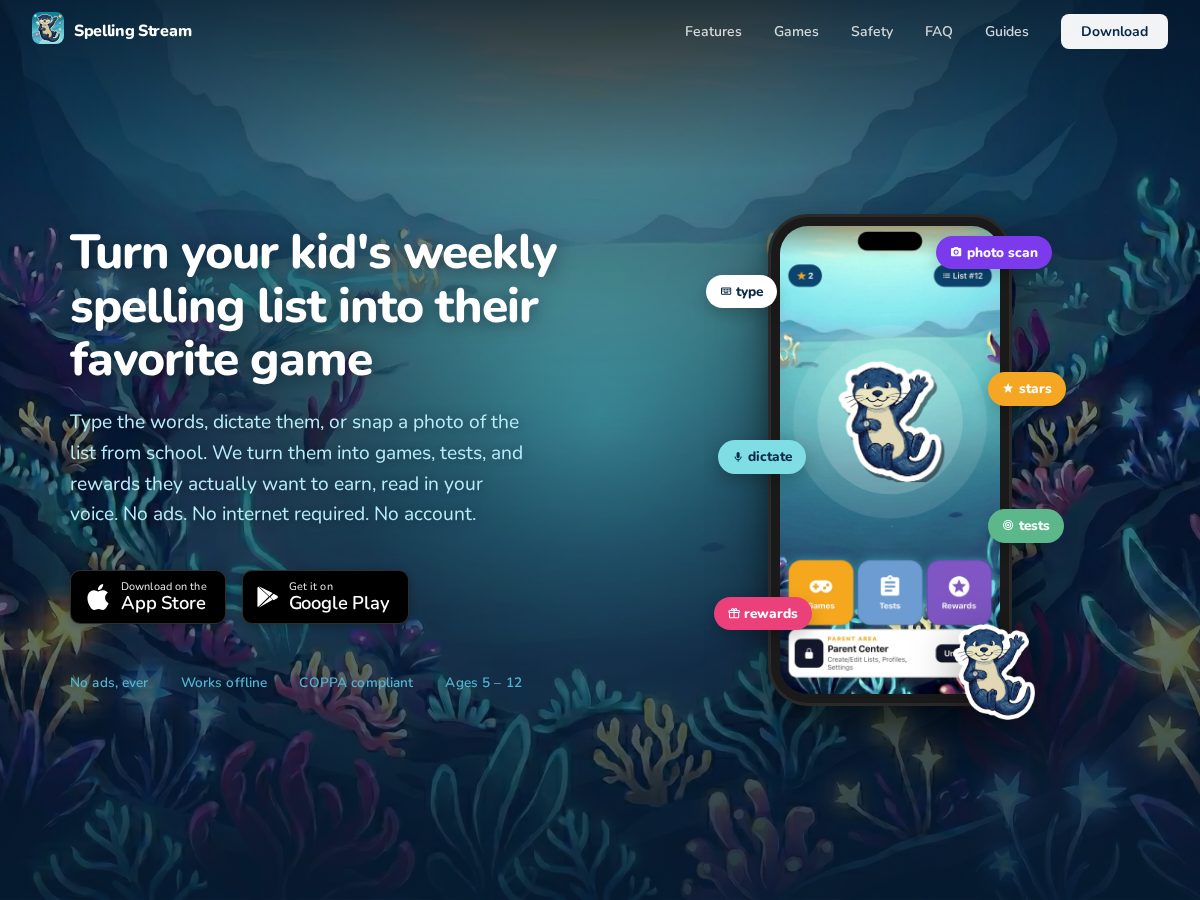 Landing-page snapshot of spellingstream.app