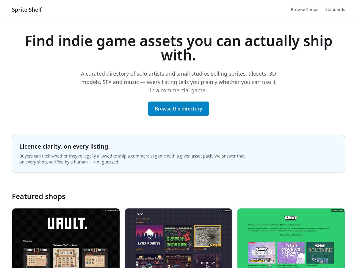Landing-page snapshot of spriteshelf.com