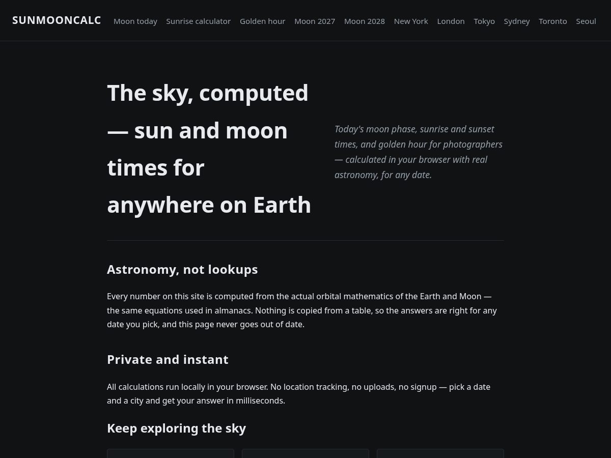 Landing-page snapshot of sunmooncalc.com