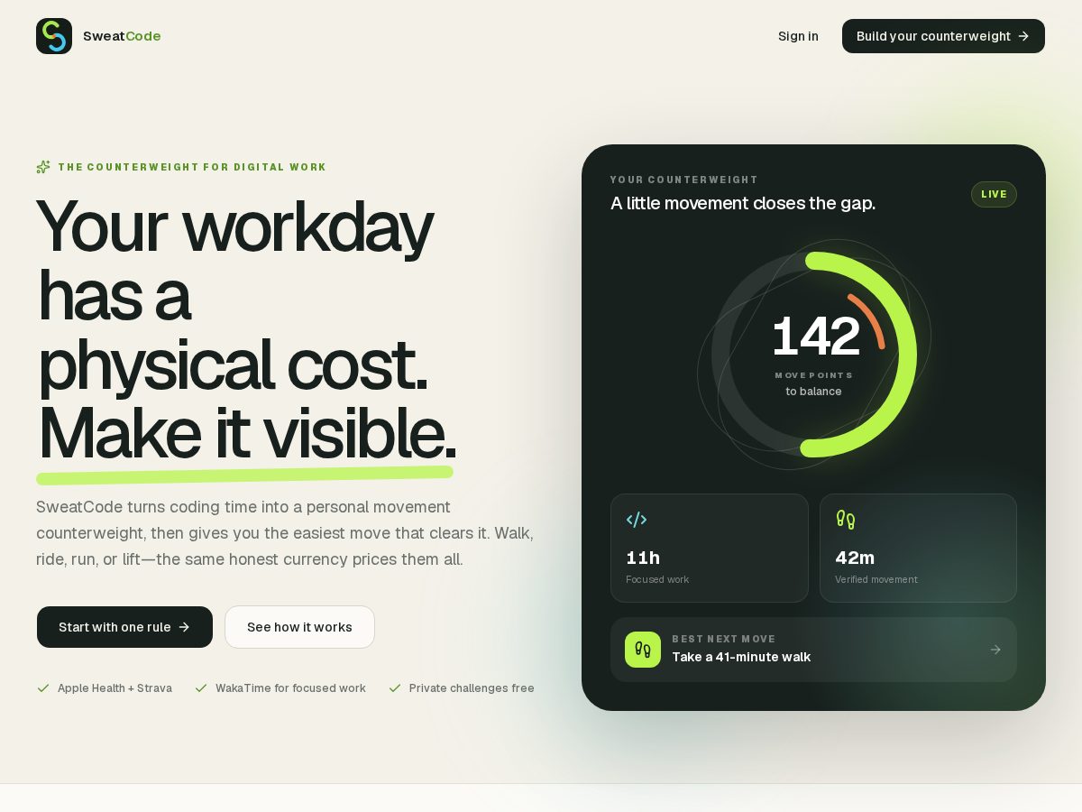 Landing-page snapshot of sweatcode.app