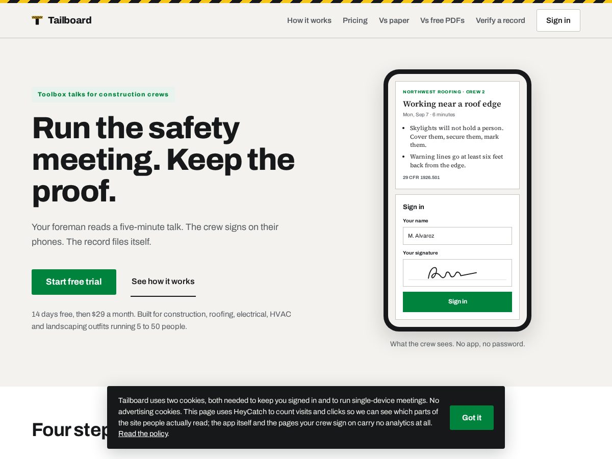 Landing-page snapshot of tailboardsafety.com