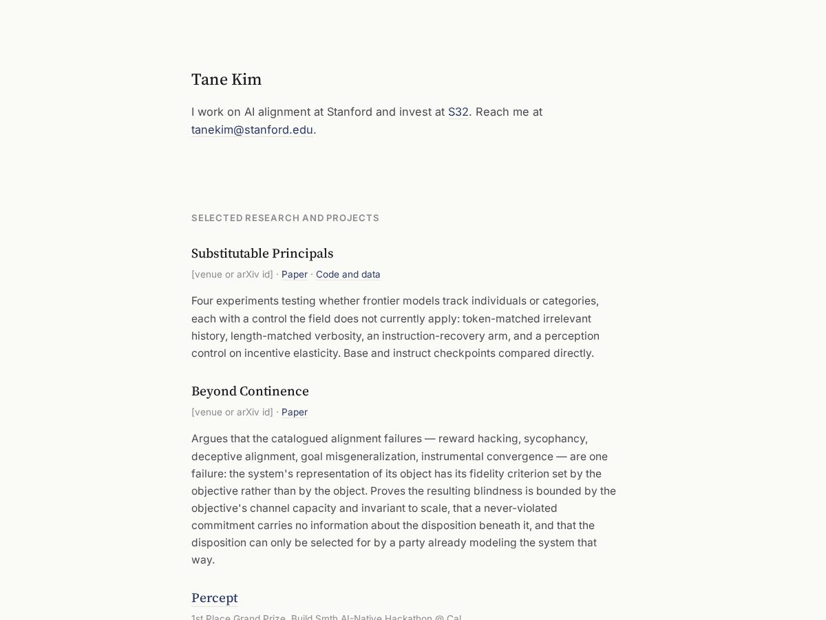 Landing-page snapshot of tane.kim
