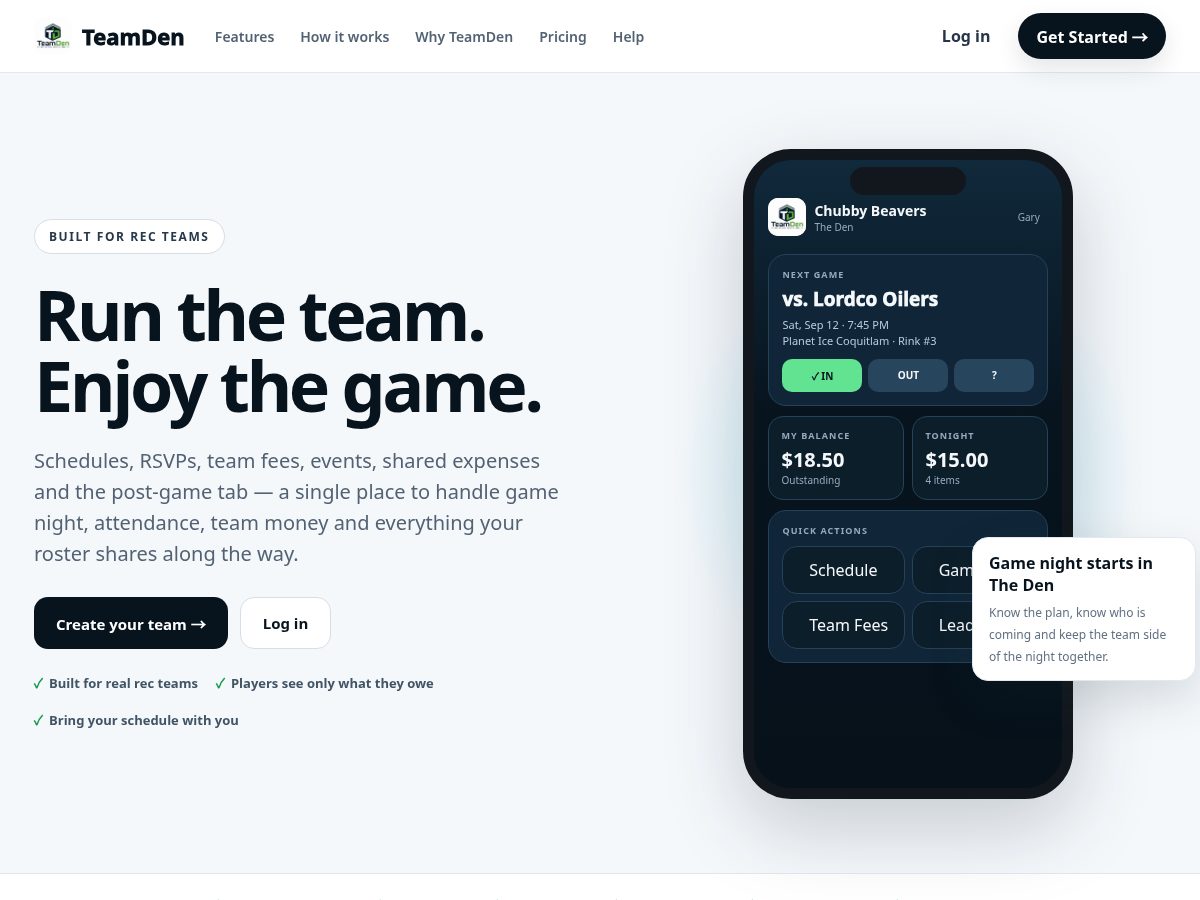 Landing-page snapshot of team-den.com