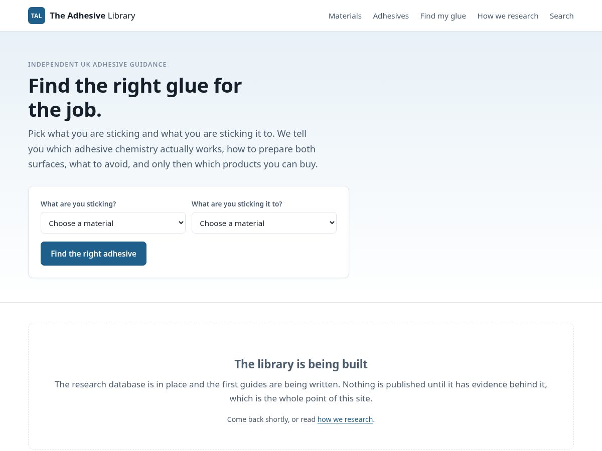 Landing-page snapshot of theadhesivelibrary.com