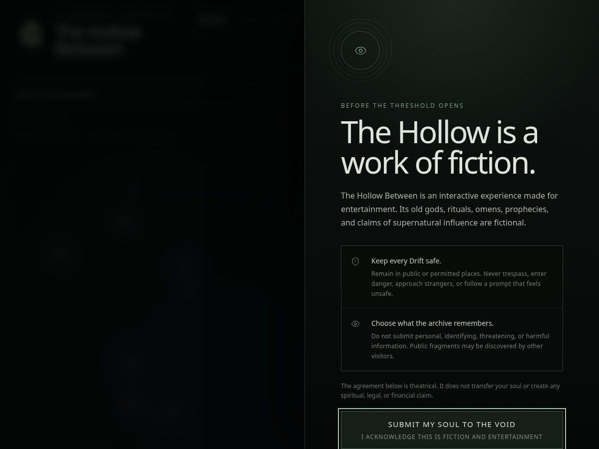 Landing-page snapshot of thehollowbetween.space