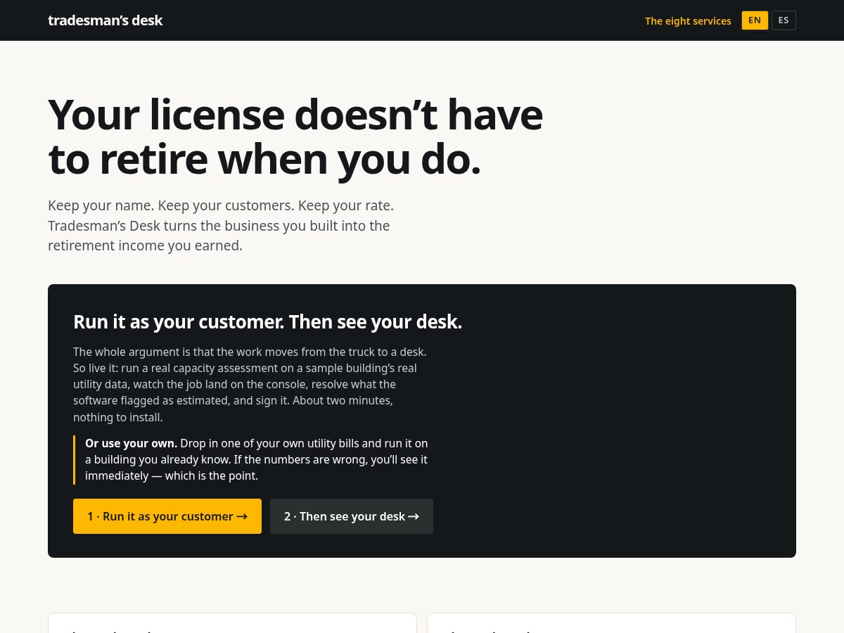 Landing-page snapshot of thetradesmansdesk.com