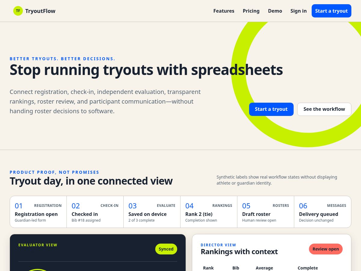 Landing-page snapshot of tryout.agency