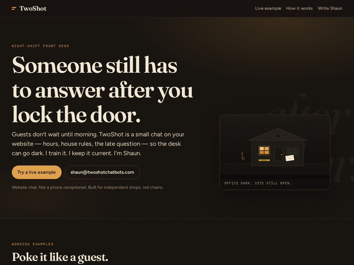 Landing-page snapshot of twoshotchatbots.com