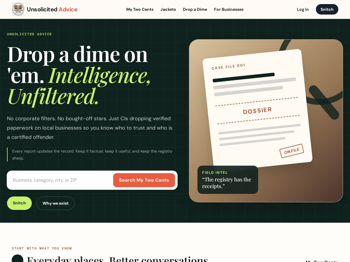 Landing-page snapshot of unsolicited-advice.app