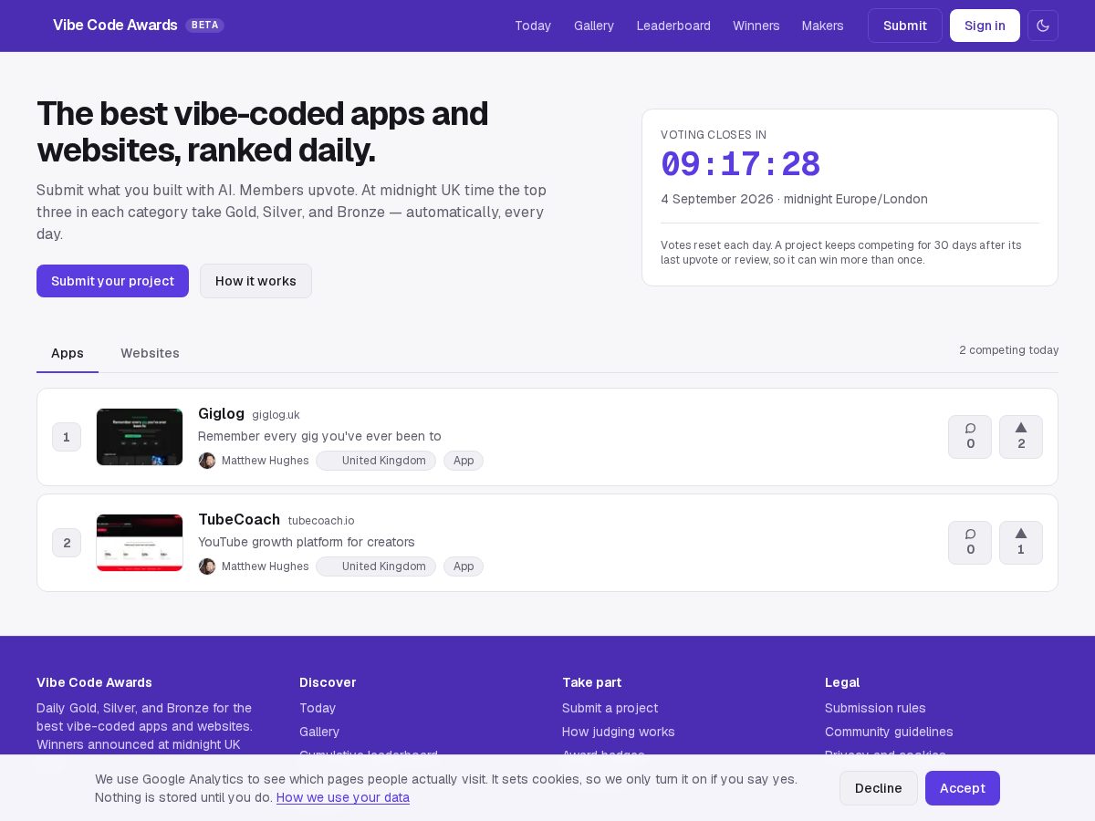 Landing-page snapshot of vibecodeaward.com