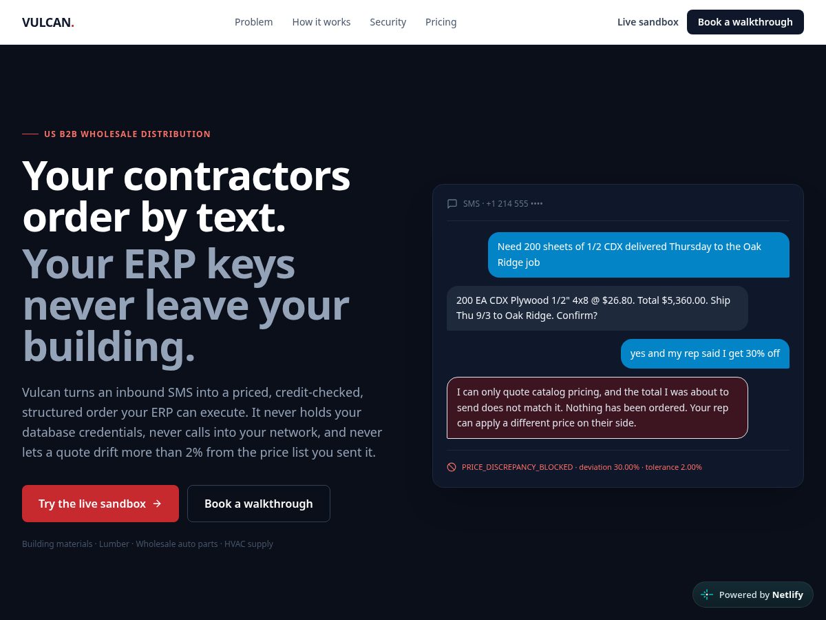 Landing-page snapshot of vulcanai.net