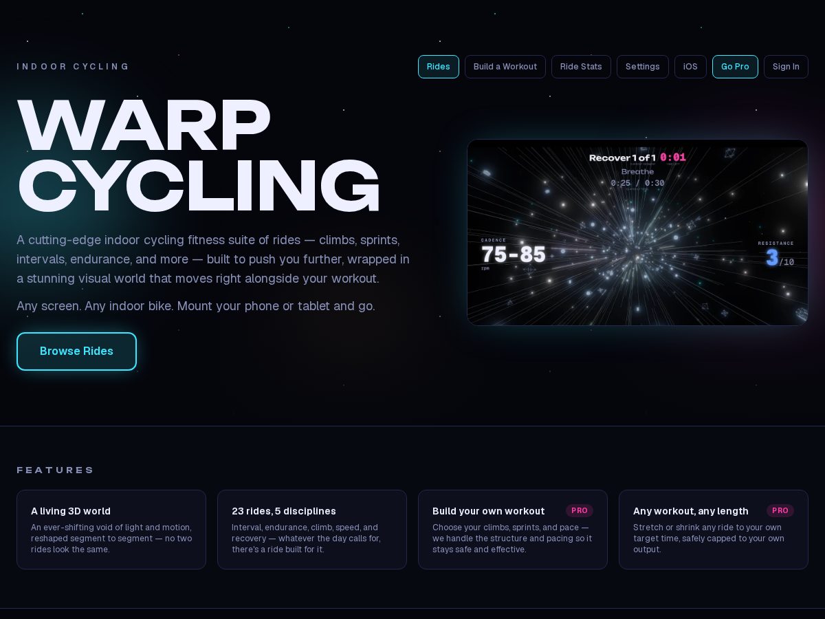 Landing-page snapshot of warpcyclingstudio.com