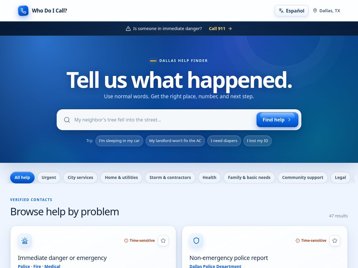 Landing-page snapshot of whodoicalldallas.com