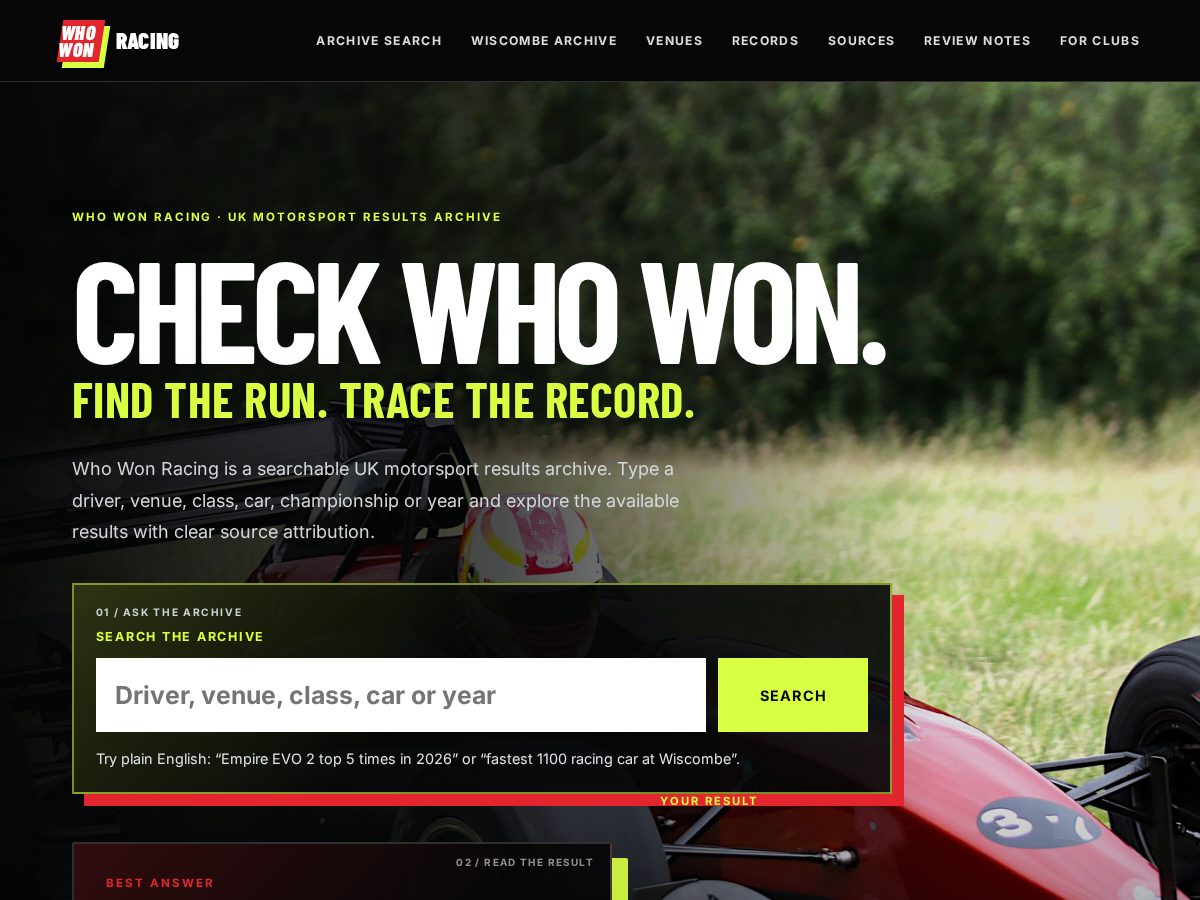 Landing-page snapshot of whowon.racing