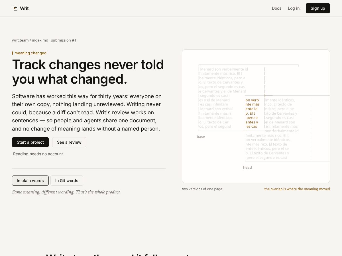 Landing-page snapshot of writ.team