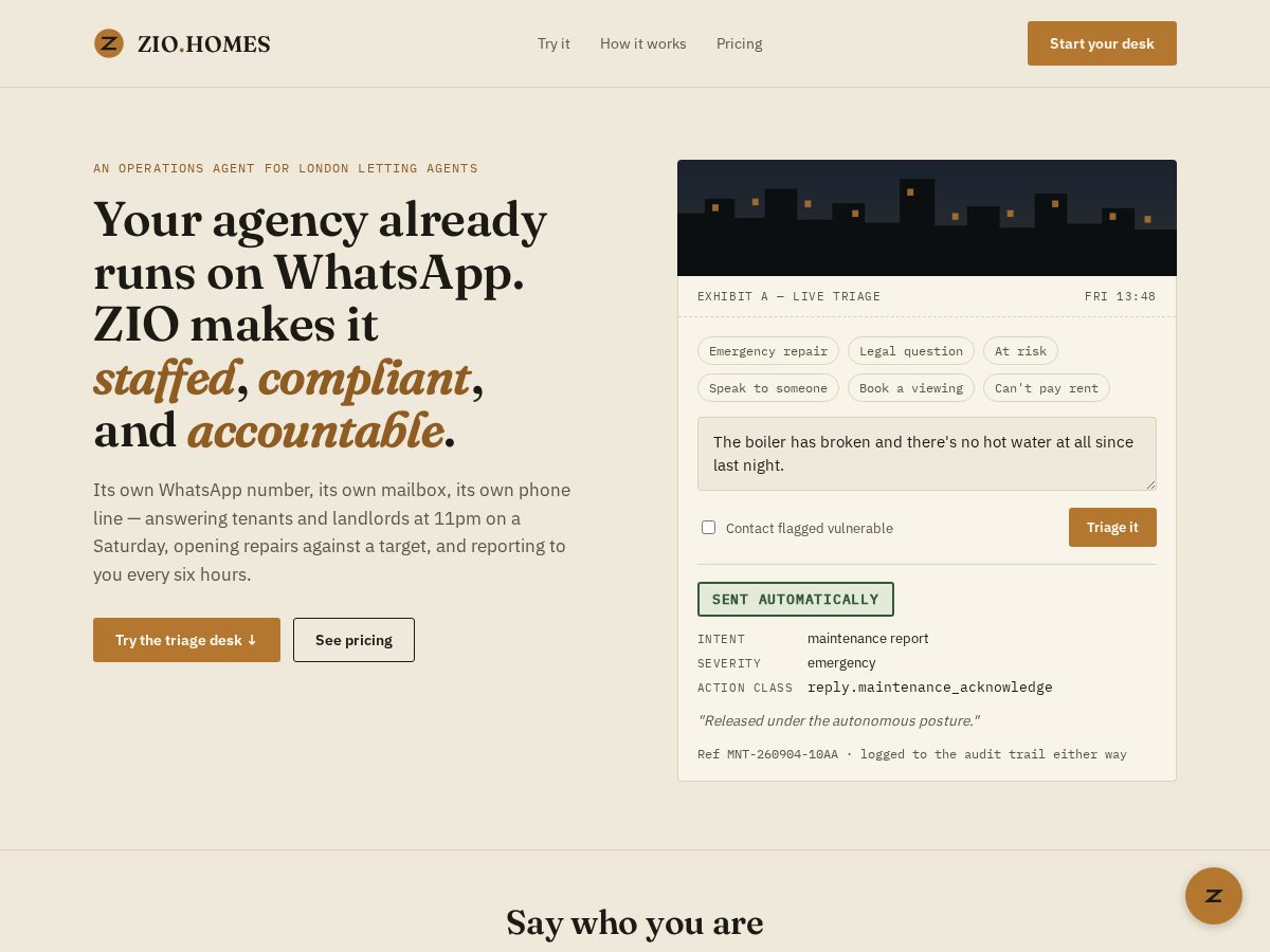 Landing-page snapshot of zio.homes