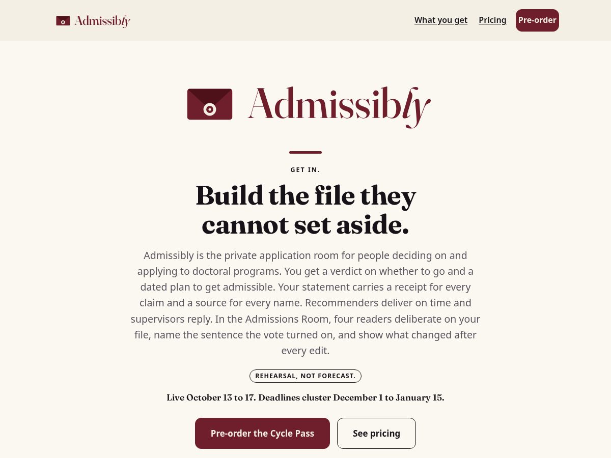 Landing-page snapshot of admissibly.net