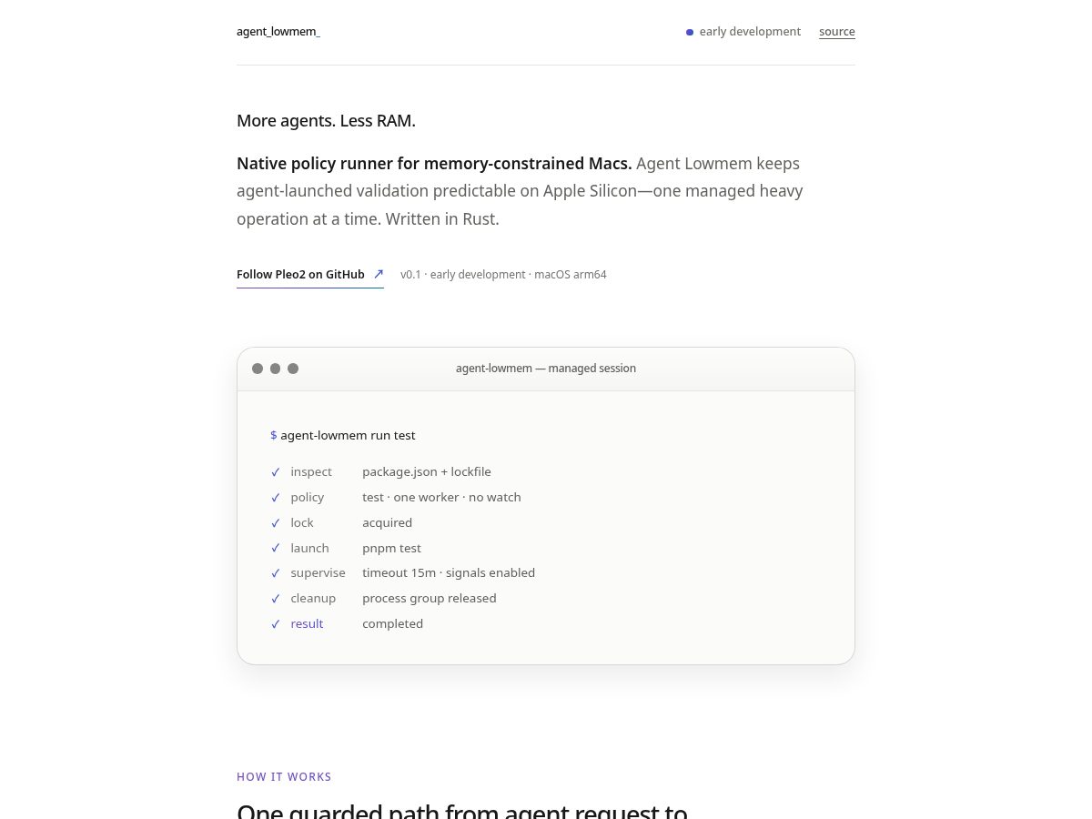 Landing-page snapshot of agentlowmem.dev