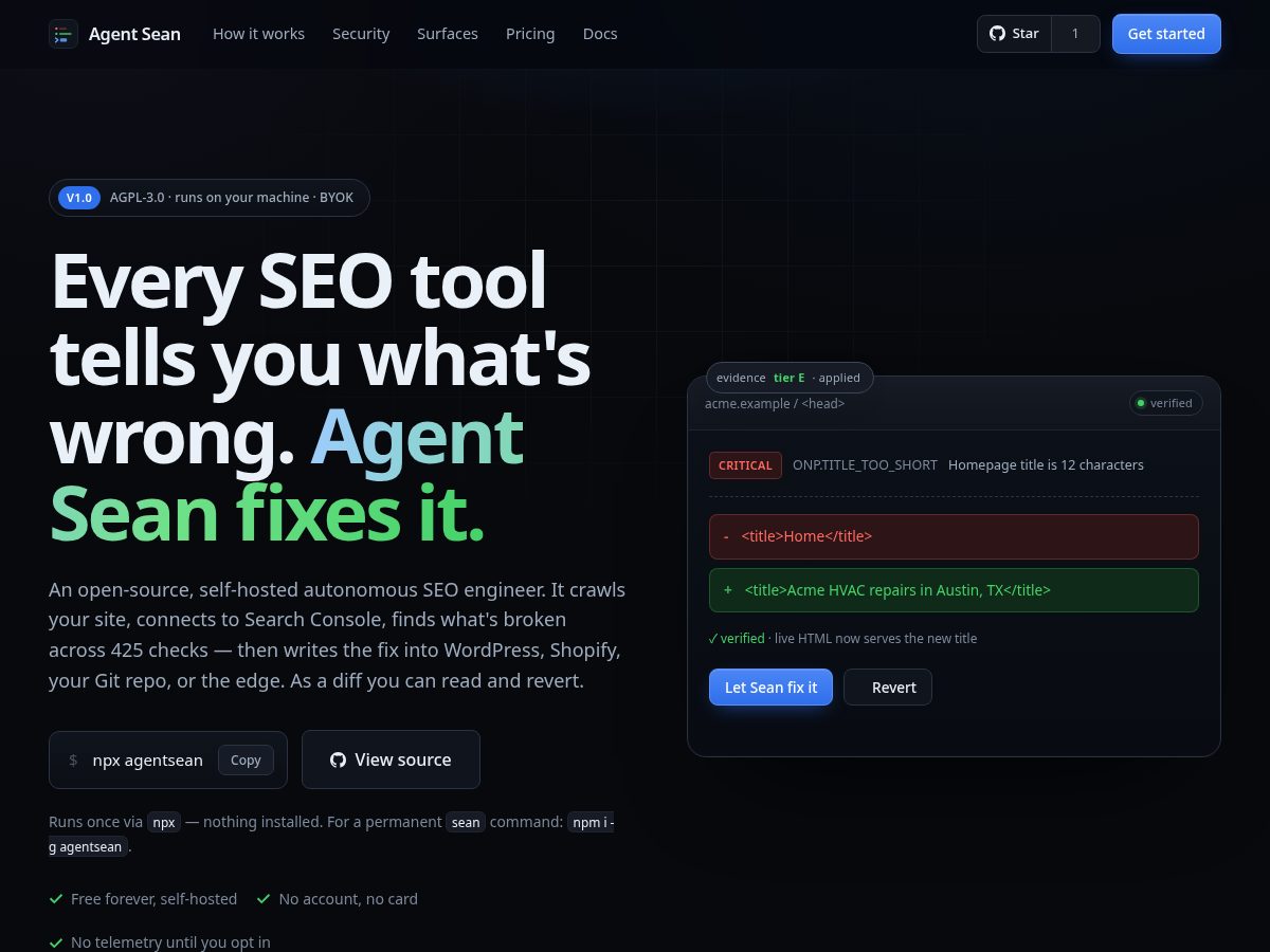 Landing-page snapshot of agentsean.dev