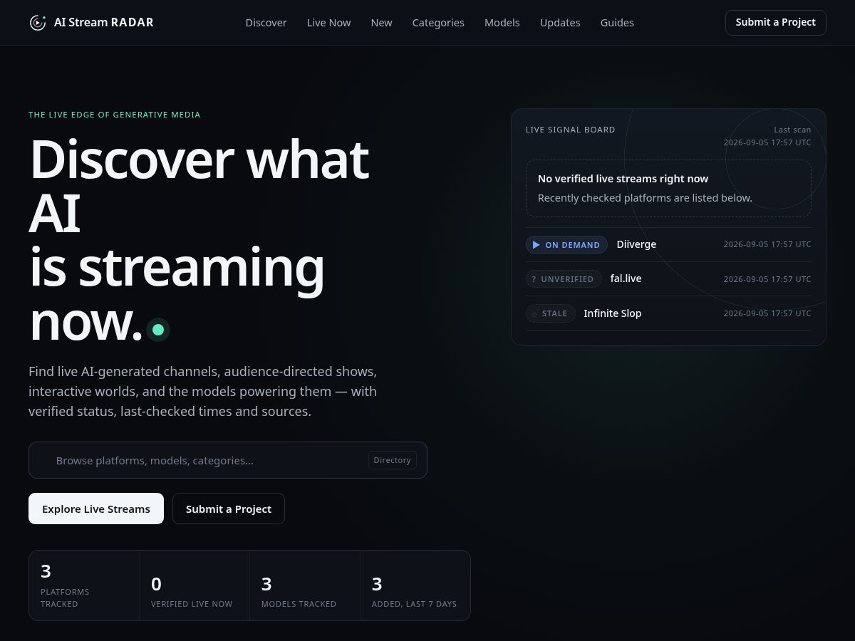 Landing-page snapshot of aistreamradar.com