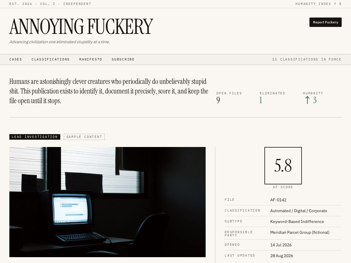 Landing-page snapshot of annoyingfuckery.com