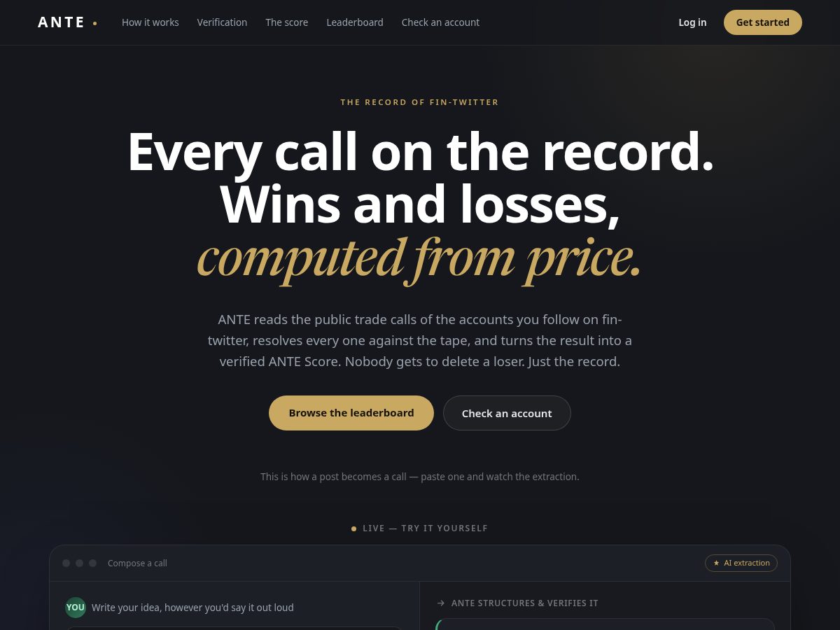 Landing-page snapshot of antescore.com