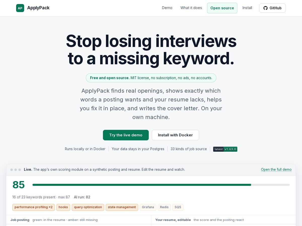 Landing-page snapshot of applypack.dev