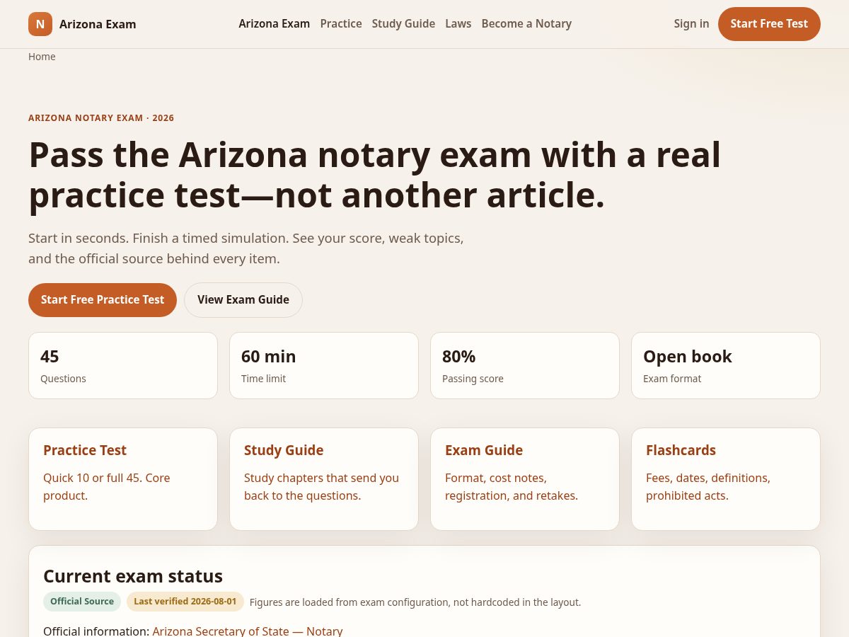 Landing-page snapshot of arizonanotaryprep.com