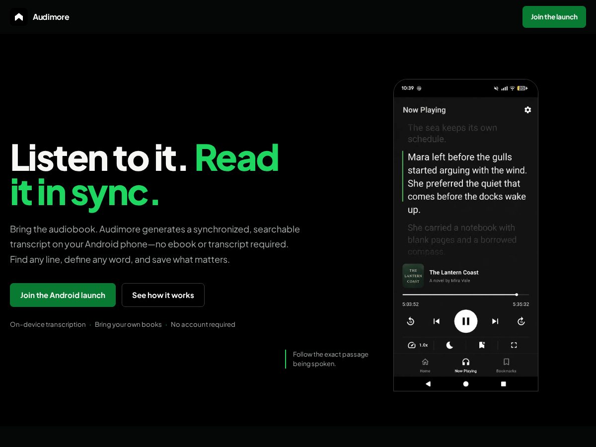 Landing-page snapshot of audimore.app