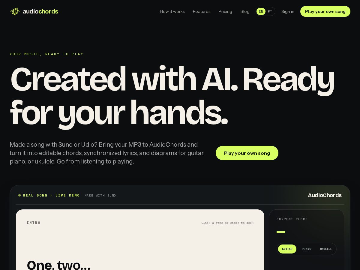 Landing-page snapshot of audiochords.com