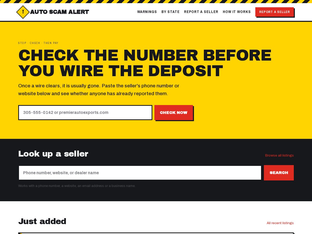 Landing-page snapshot of autoscamalert.com