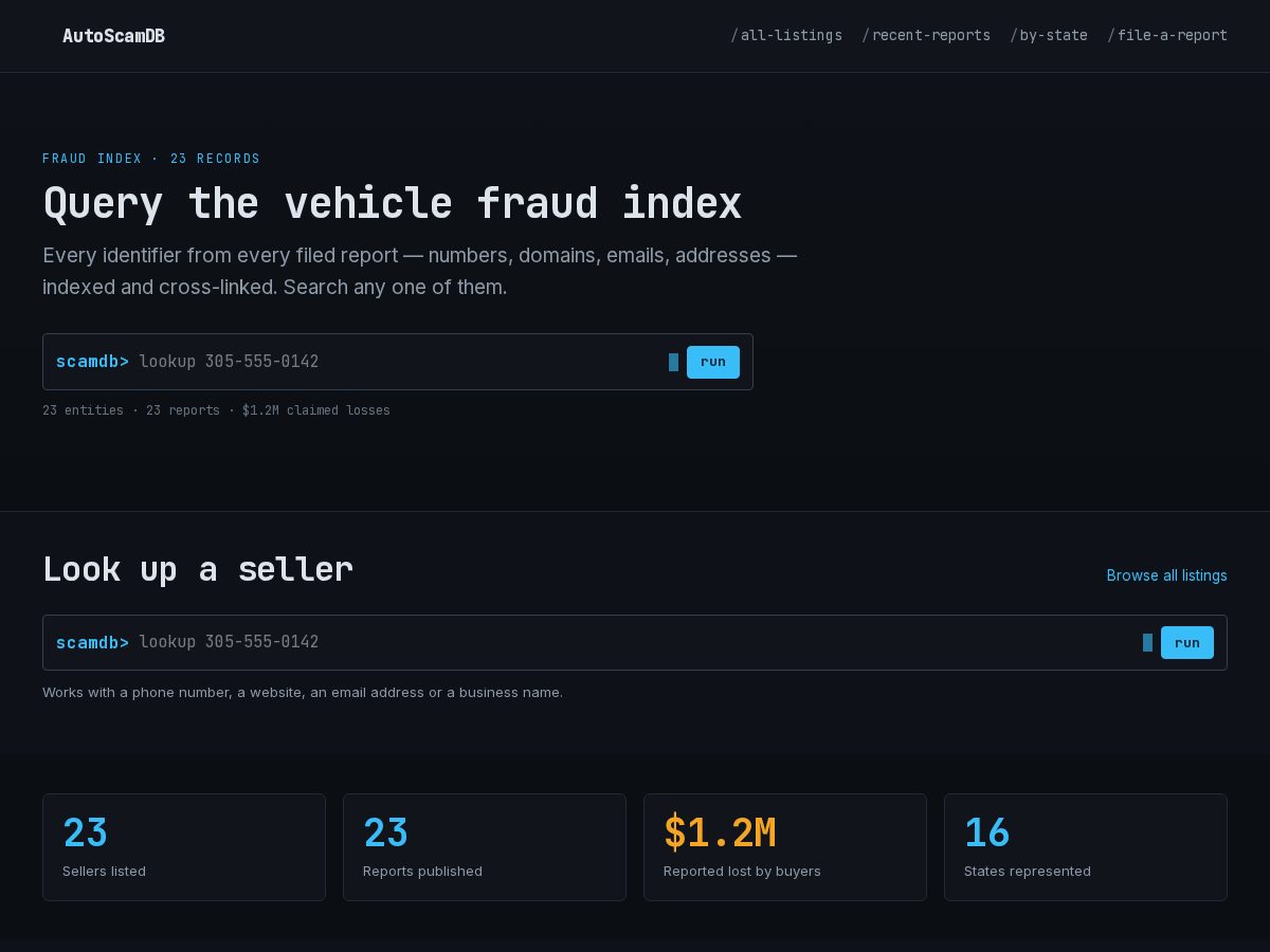 Landing-page snapshot of autoscamdb.com