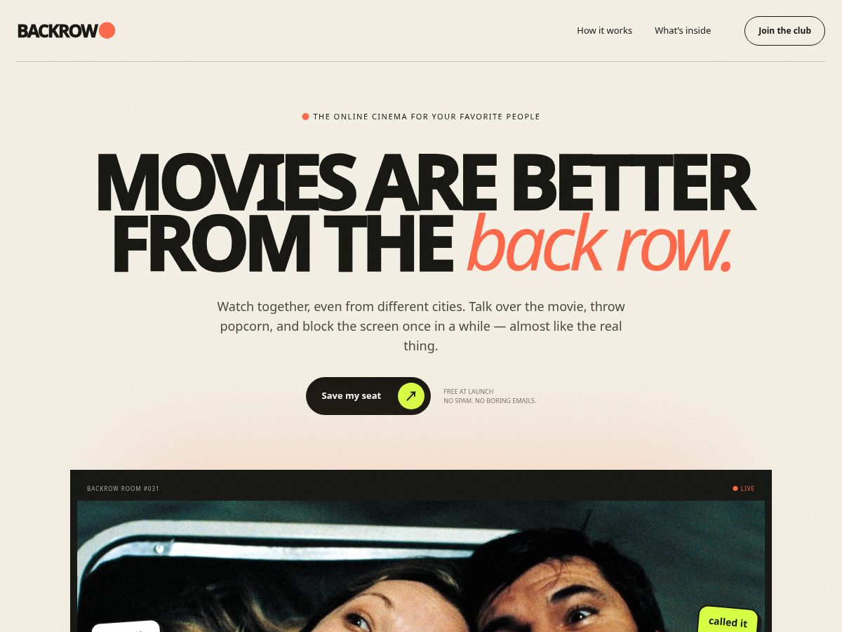 Landing-page snapshot of backrow.club