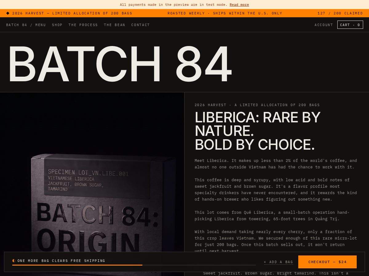 Landing-page snapshot of batch84coffee.com