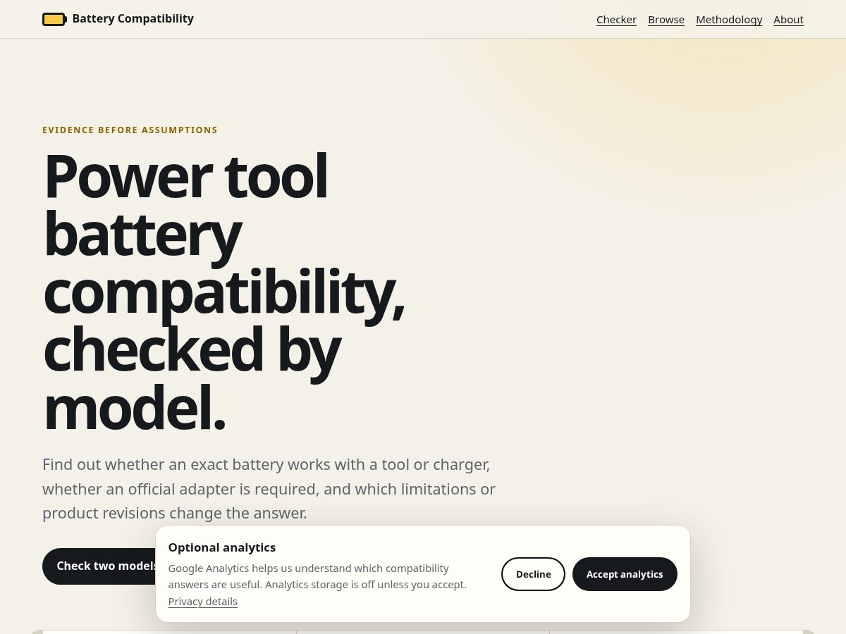Landing-page snapshot of batterycompatibility.com