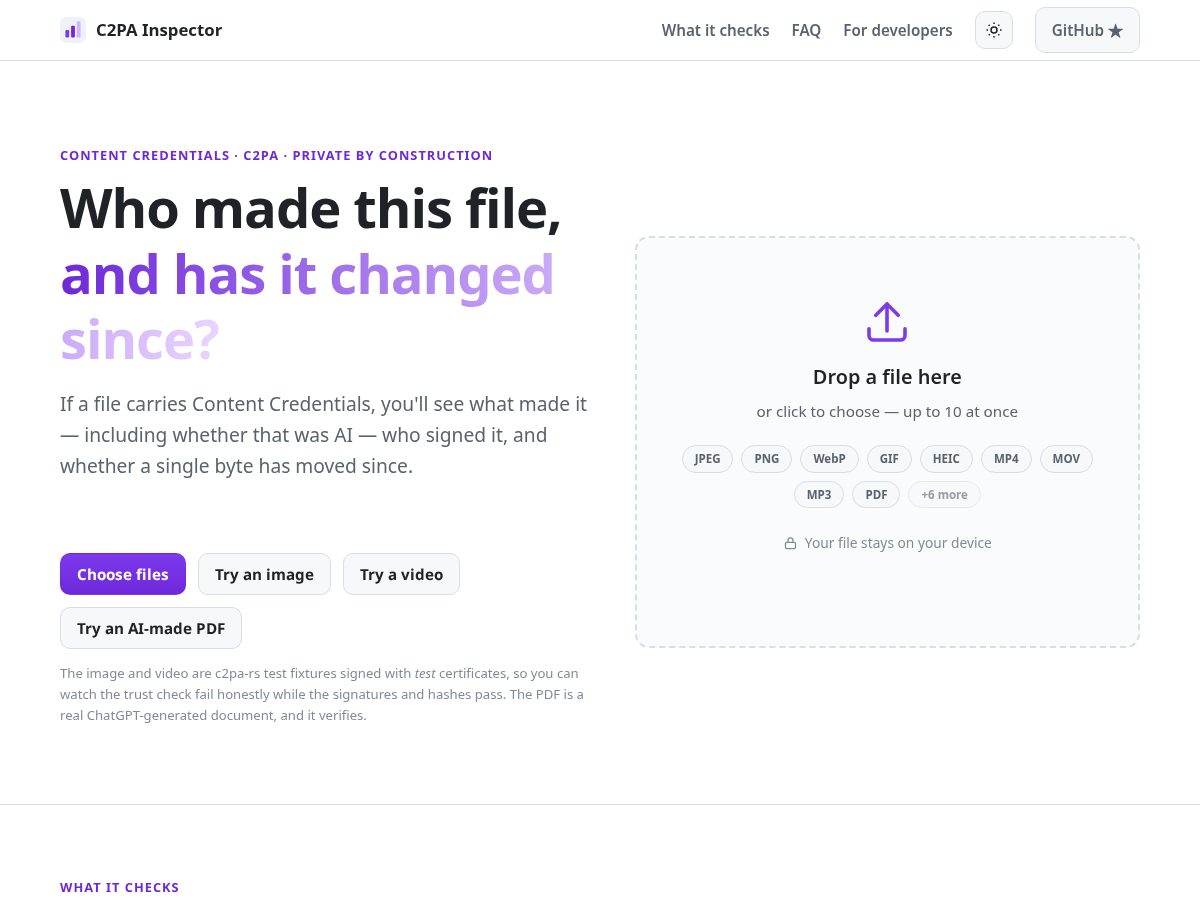 Landing-page snapshot of c2pa-inspector.dev