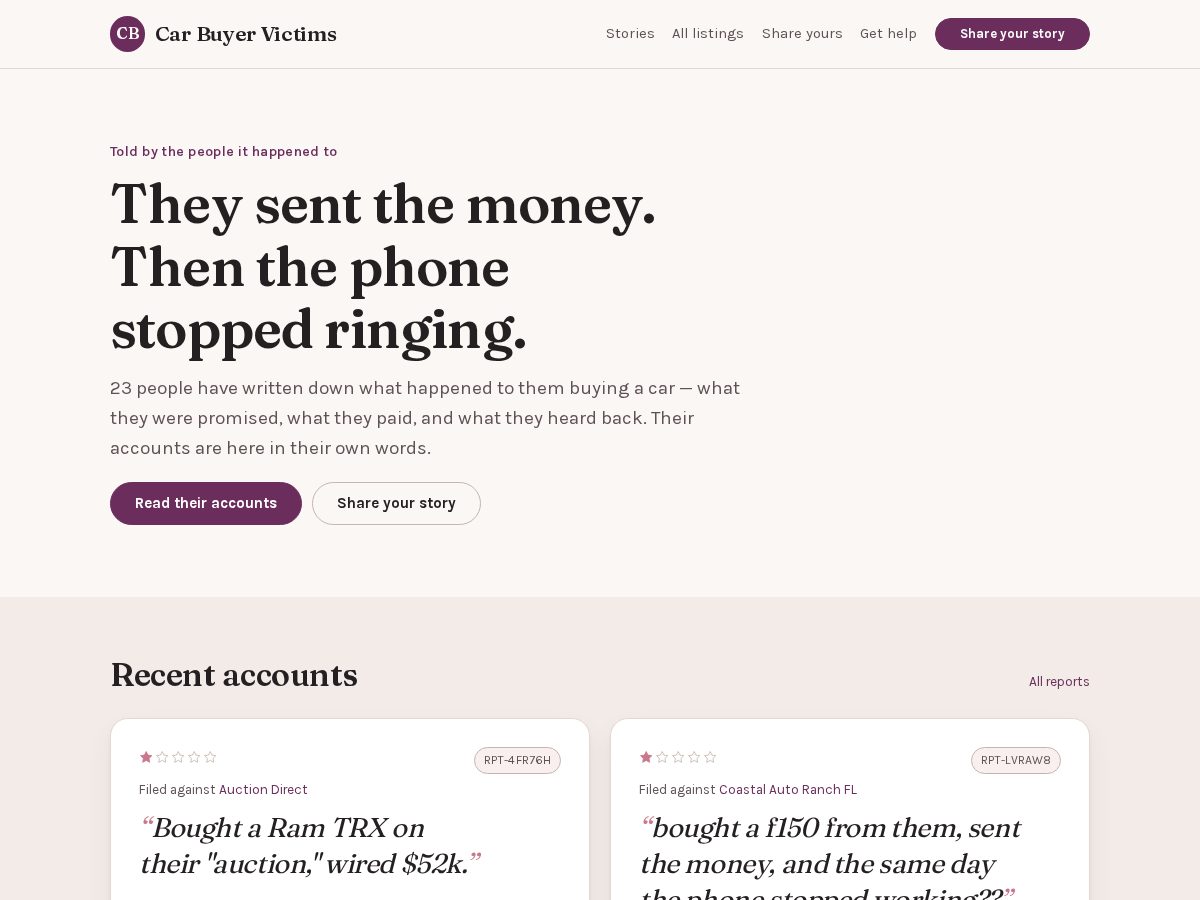 Landing-page snapshot of carbuyervictims.com