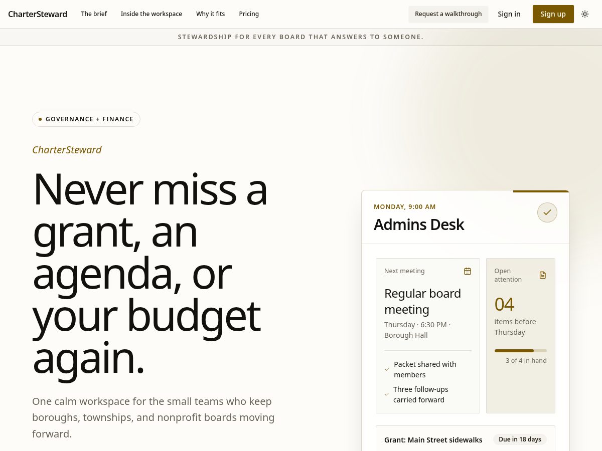 Landing-page snapshot of chartersteward.com