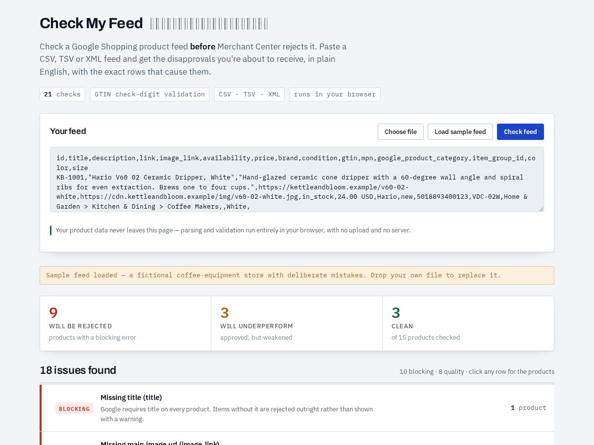 Landing-page snapshot of checkmyfeed.com
