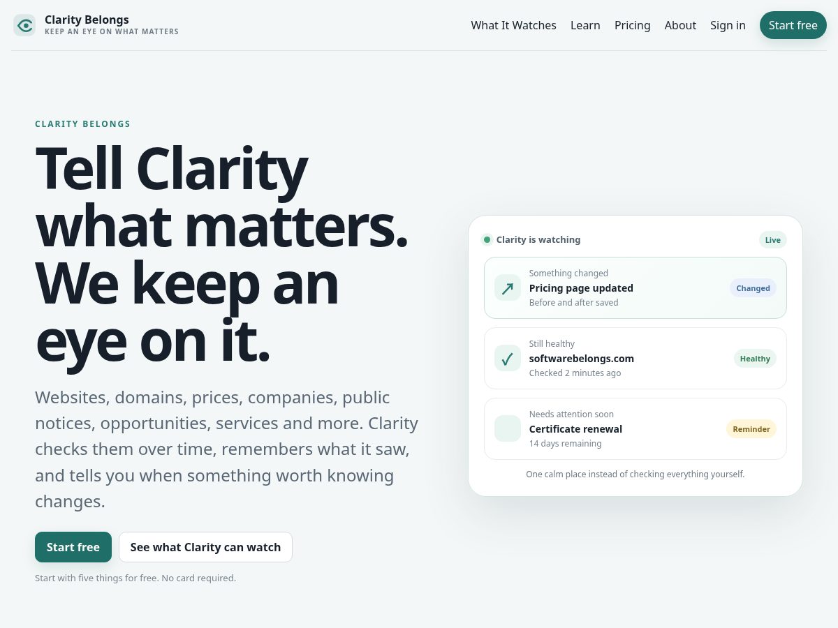 Landing-page snapshot of claritybelongs.com