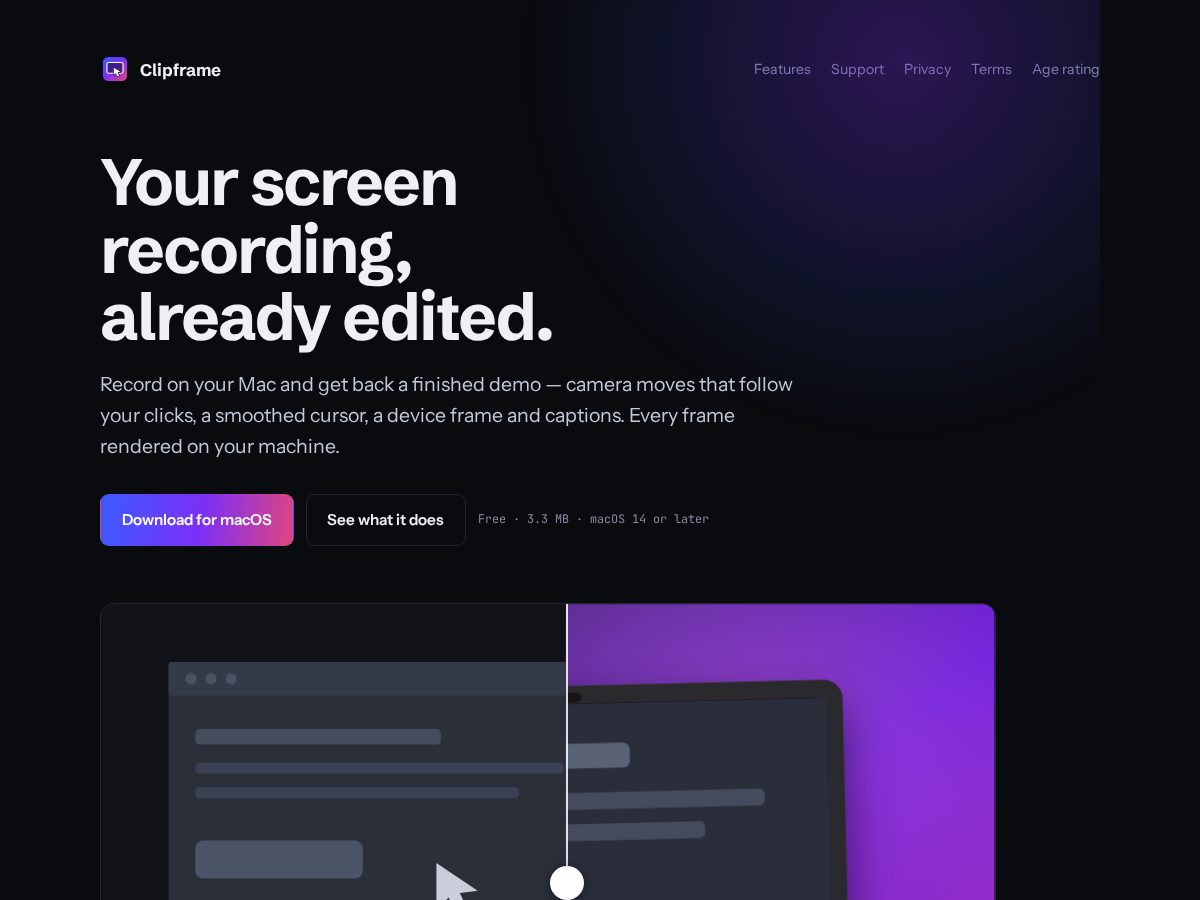 Landing-page snapshot of clipframe.app