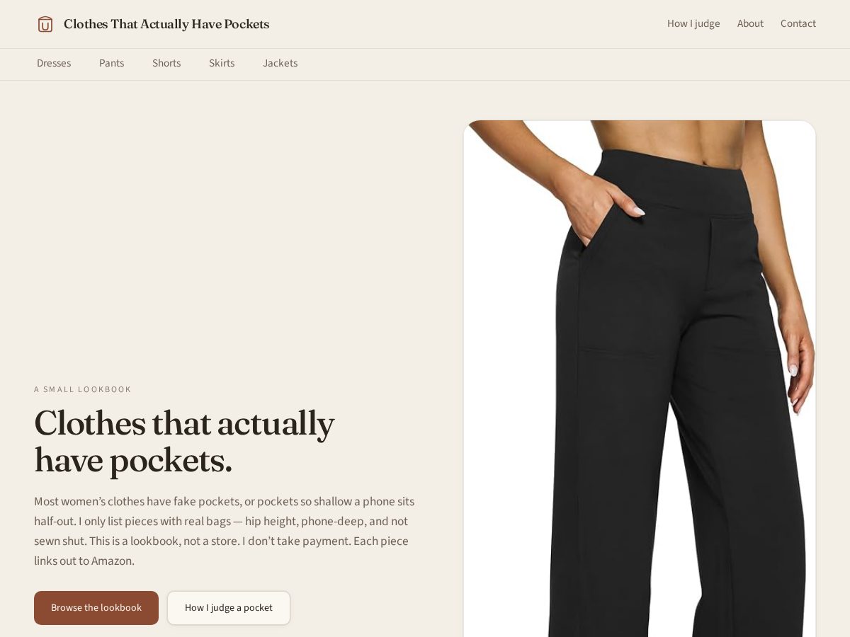 Landing-page snapshot of clothesthatactuallyhavepockets.com