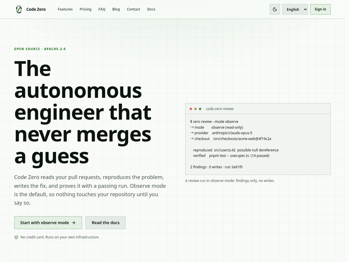 Landing-page snapshot of code-zero.dev