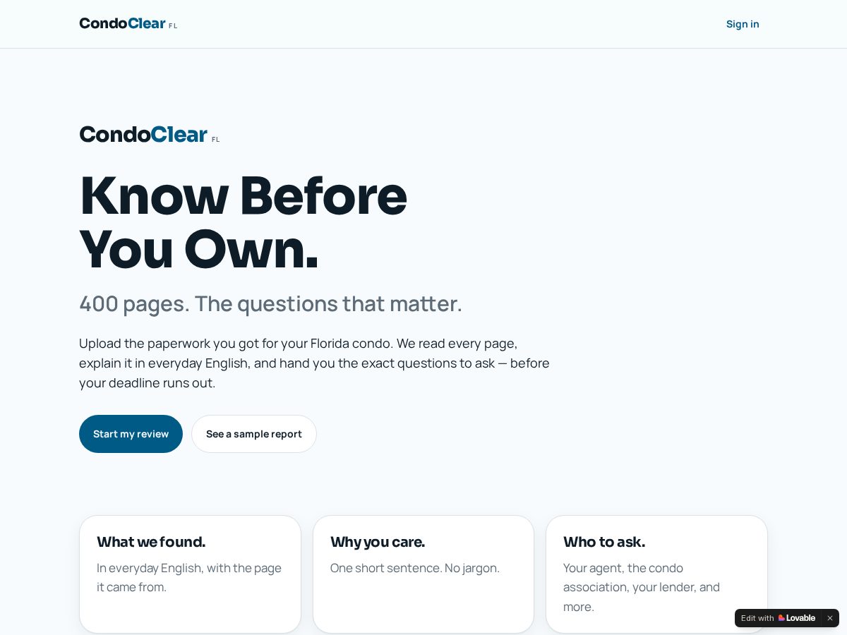 Landing-page snapshot of condoclearfl.com