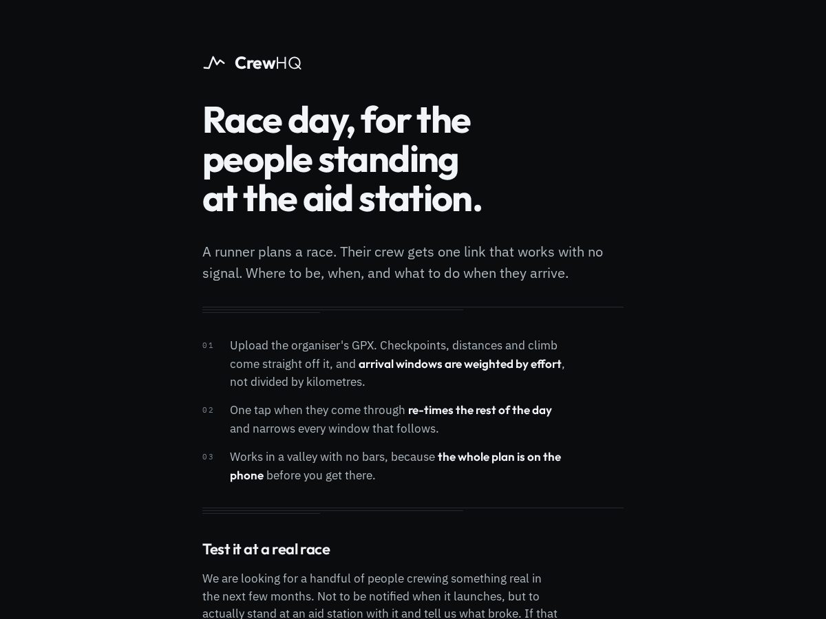 Landing-page snapshot of crewhq.run