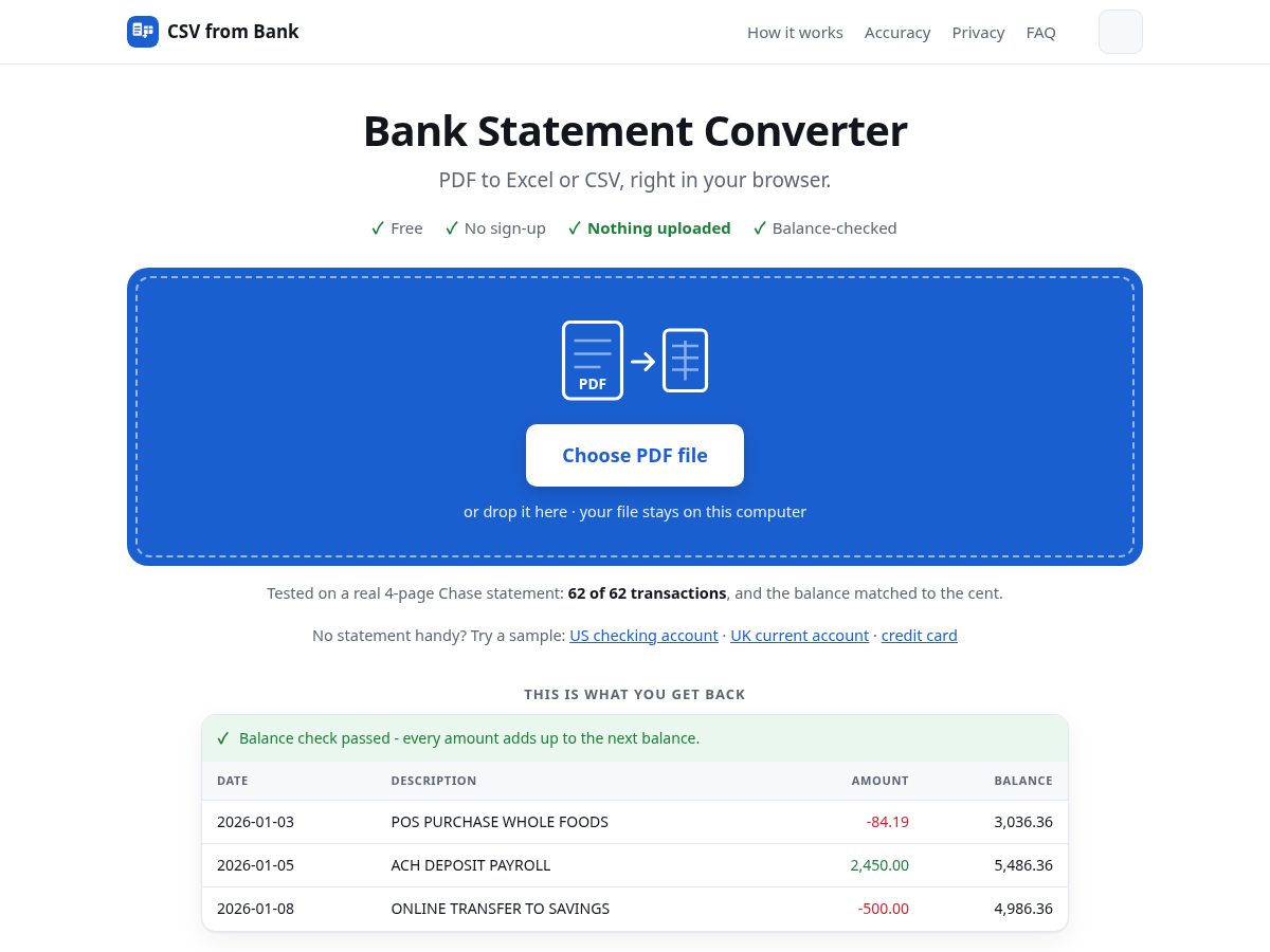 Landing-page snapshot of csvfrombank.com